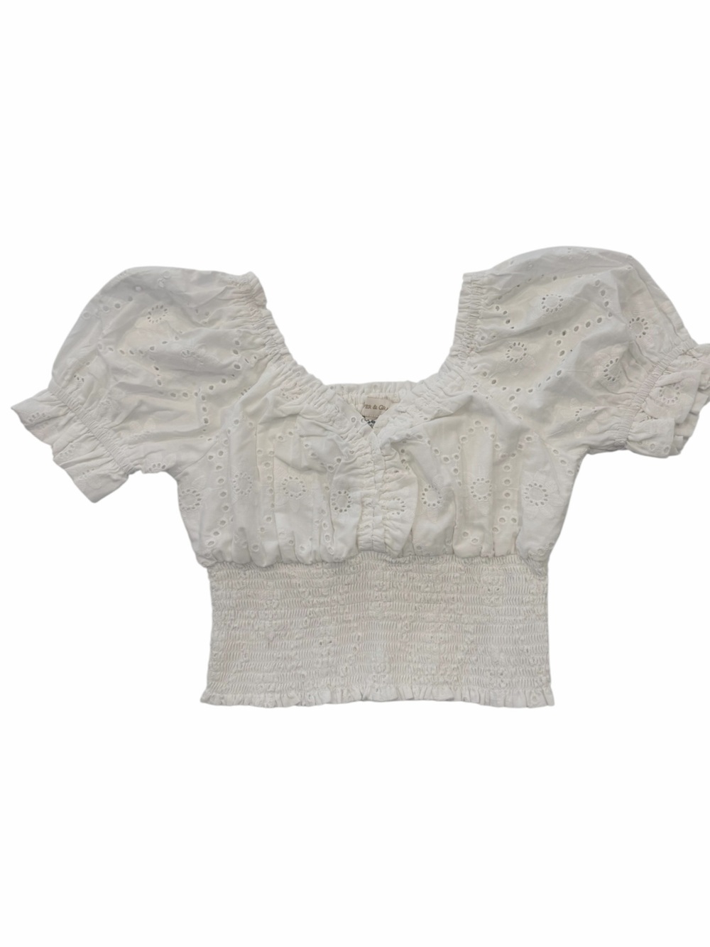 🤍 Jennifer & Grace Eyelet Smocked Puff Sleeve Top Size S